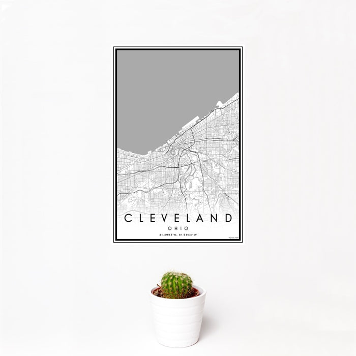12x18 Cleveland Ohio Map Print Portrait Orientation in Classic Style With Small Cactus Plant in White Planter