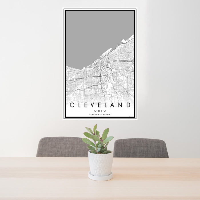 24x36 Cleveland Ohio Map Print Portrait Orientation in Classic Style Behind 2 Chairs Table and Potted Plant