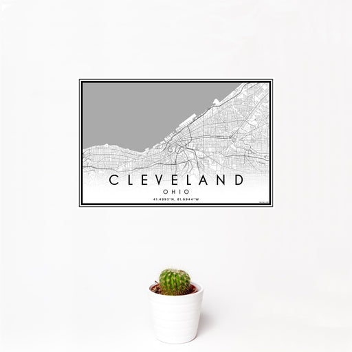12x18 Cleveland Ohio Map Print Landscape Orientation in Classic Style With Small Cactus Plant in White Planter