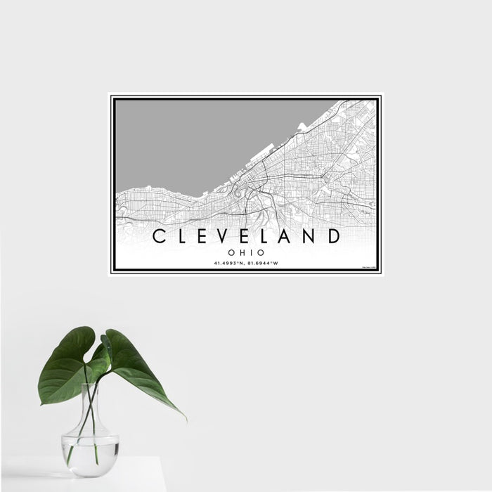 16x24 Cleveland Ohio Map Print Landscape Orientation in Classic Style With Tropical Plant Leaves in Water