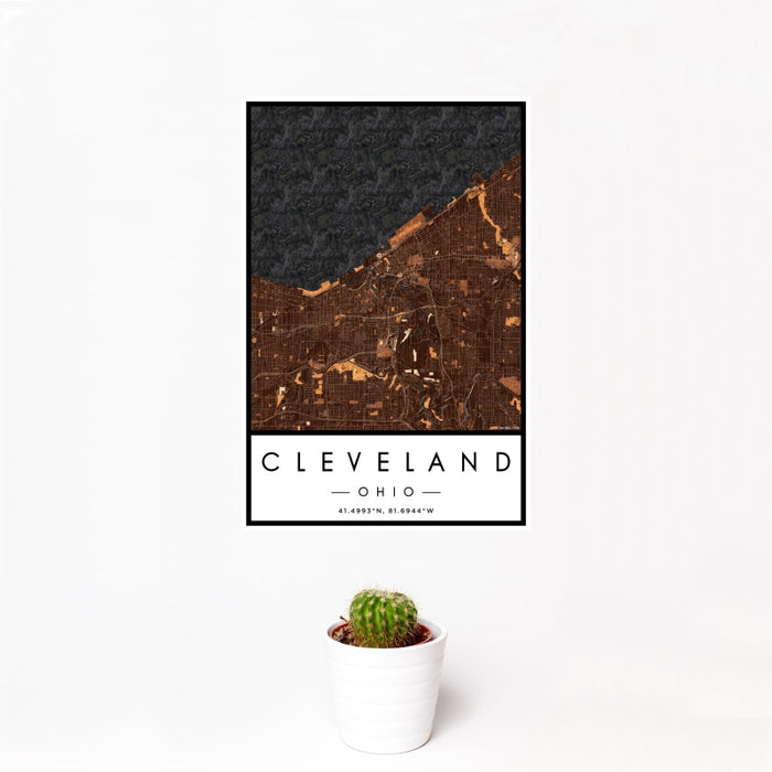 12x18 Cleveland Ohio Map Print Portrait Orientation in Ember Style With Small Cactus Plant in White Planter