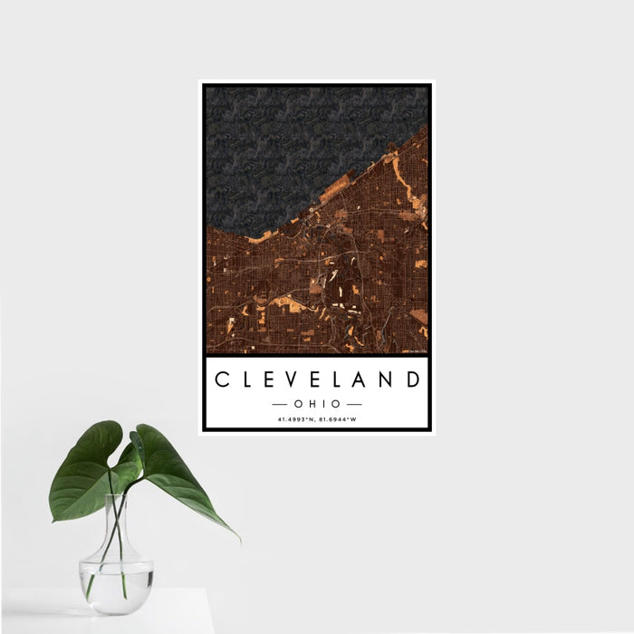 16x24 Cleveland Ohio Map Print Portrait Orientation in Ember Style With Tropical Plant Leaves in Water