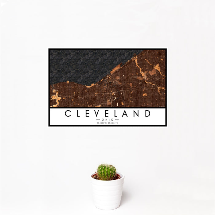 12x18 Cleveland Ohio Map Print Landscape Orientation in Ember Style With Small Cactus Plant in White Planter