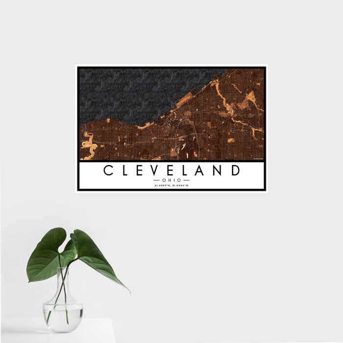 16x24 Cleveland Ohio Map Print Landscape Orientation in Ember Style With Tropical Plant Leaves in Water