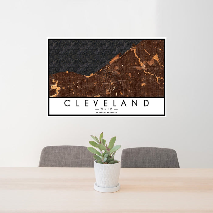 24x36 Cleveland Ohio Map Print Landscape Orientation in Ember Style Behind 2 Chairs Table and Potted Plant