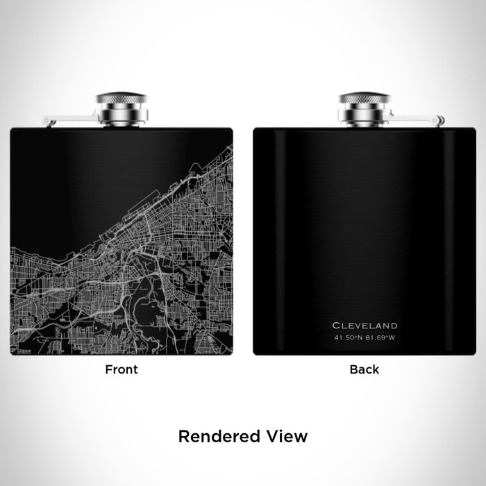 Rendered View of Cleveland Ohio Map Engraving on 6oz Stainless Steel Flask in Black