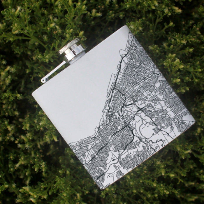 Cleveland Ohio Custom Engraved City Map Inscription Coordinates on 6oz Stainless Steel Flask in White