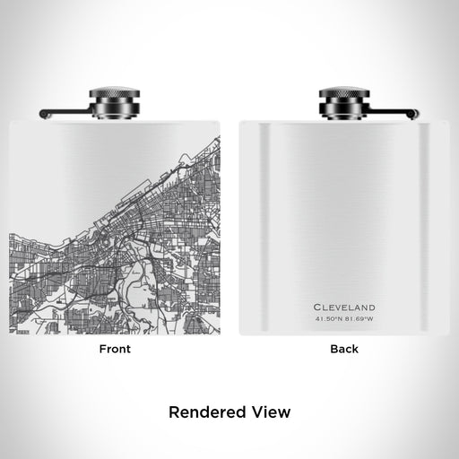Rendered View of Cleveland Ohio Map Engraving on 6oz Stainless Steel Flask in White
