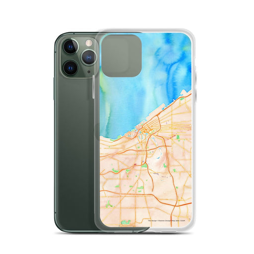 Custom Cleveland Ohio Map Phone Case in Watercolor on Table with Laptop and Plant