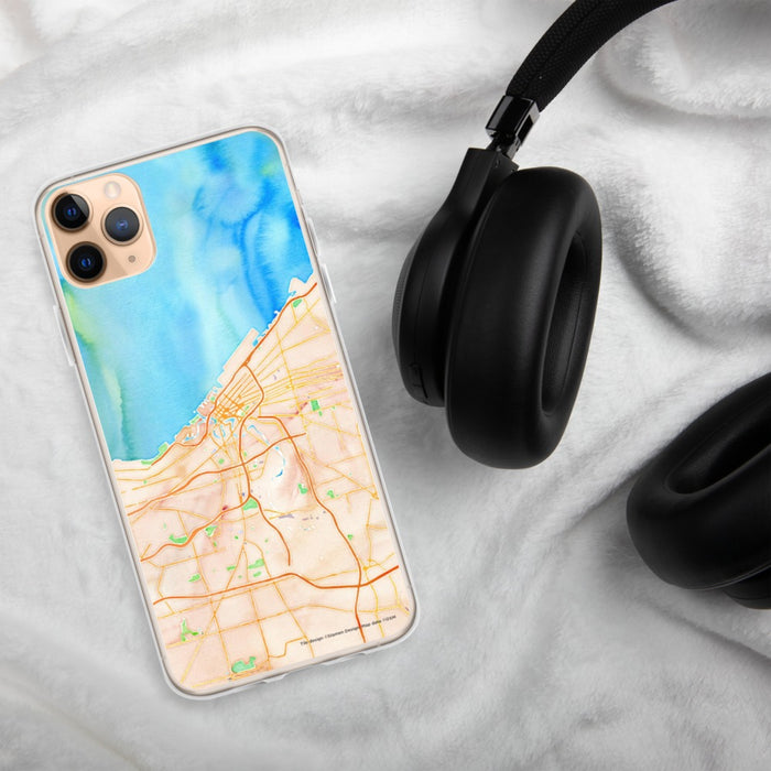 Custom Cleveland Ohio Map Phone Case in Watercolor on Table with Black Headphones