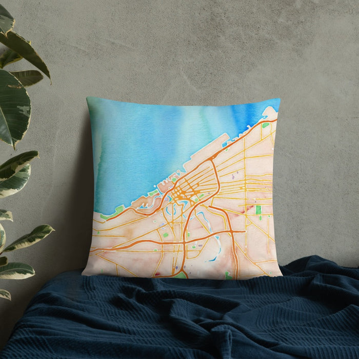 Custom Cleveland Ohio Map Throw Pillow in Watercolor on Bedding Against Wall