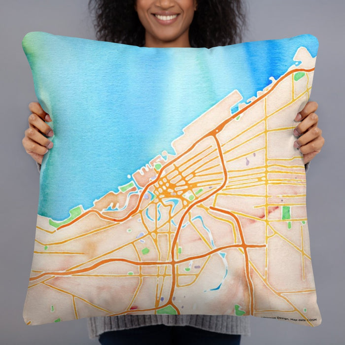Person holding 22x22 Custom Cleveland Ohio Map Throw Pillow in Watercolor