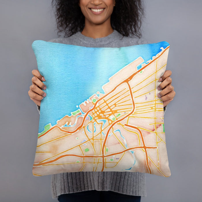 Person holding 18x18 Custom Cleveland Ohio Map Throw Pillow in Watercolor