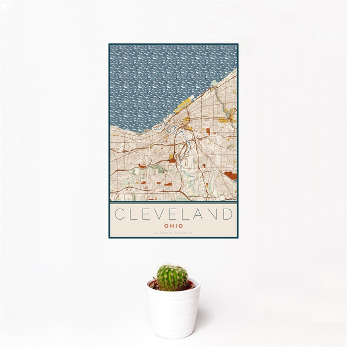 12x18 Cleveland Ohio Map Print Portrait Orientation in Woodblock Style With Small Cactus Plant in White Planter