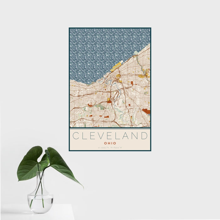 16x24 Cleveland Ohio Map Print Portrait Orientation in Woodblock Style With Tropical Plant Leaves in Water