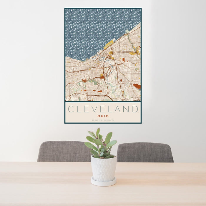 24x36 Cleveland Ohio Map Print Portrait Orientation in Woodblock Style Behind 2 Chairs Table and Potted Plant