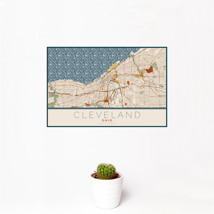 12x18 Cleveland Ohio Map Print Landscape Orientation in Woodblock Style With Small Cactus Plant in White Planter