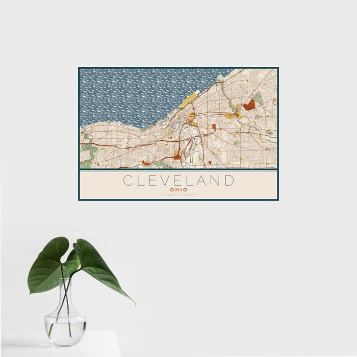 16x24 Cleveland Ohio Map Print Landscape Orientation in Woodblock Style With Tropical Plant Leaves in Water