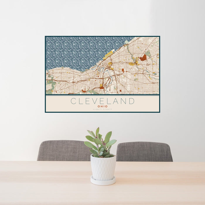 24x36 Cleveland Ohio Map Print Landscape Orientation in Woodblock Style Behind 2 Chairs Table and Potted Plant