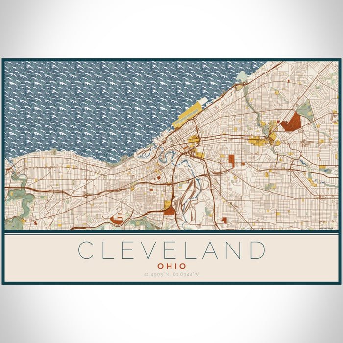 Cleveland Ohio Map Print Landscape Orientation in Woodblock Style With Shaded Background