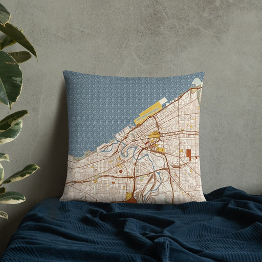 Custom Cleveland Ohio Map Throw Pillow in Woodblock on Bedding Against Wall