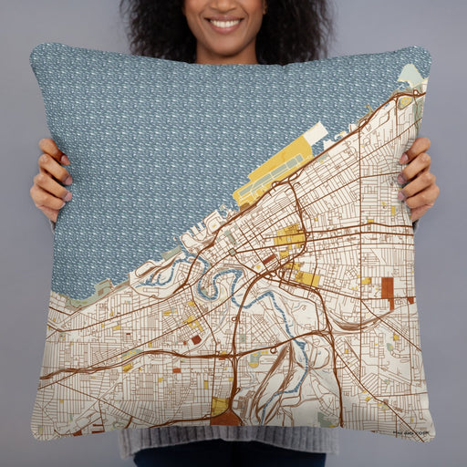 Person holding 22x22 Custom Cleveland Ohio Map Throw Pillow in Woodblock