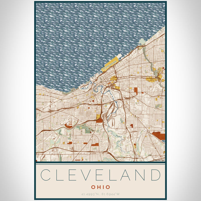 Cleveland Ohio Map Print Portrait Orientation in Woodblock Style With Shaded Background