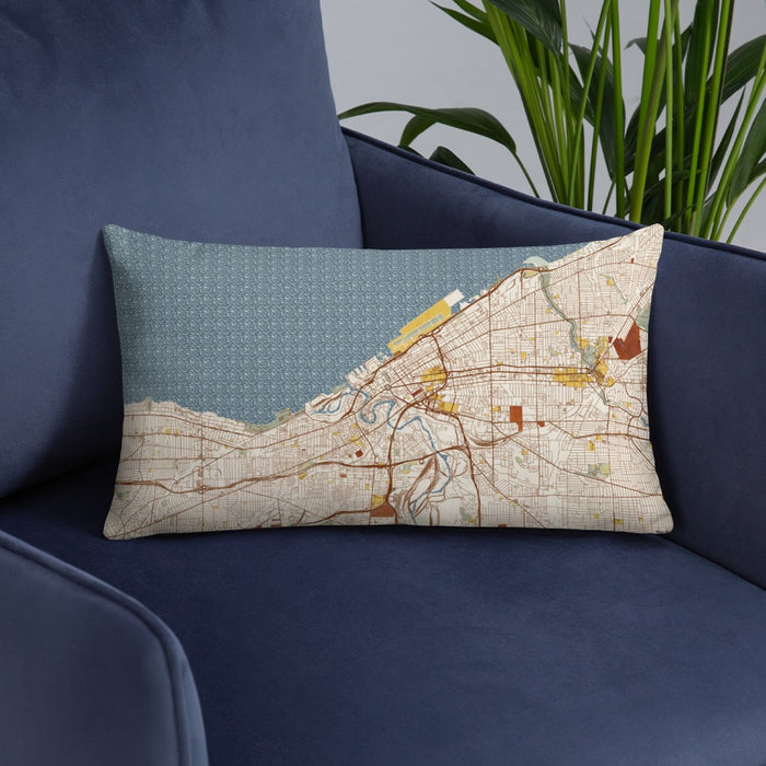 Custom Cleveland Ohio Map Throw Pillow in Woodblock on Blue Colored Chair