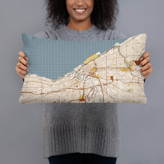 Person holding 20x12 Custom Cleveland Ohio Map Throw Pillow in Woodblock