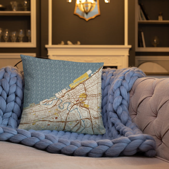 Custom Cleveland Ohio Map Throw Pillow in Woodblock on Cream Colored Couch