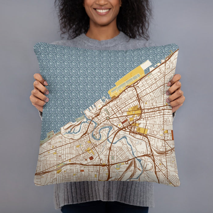 Person holding 18x18 Custom Cleveland Ohio Map Throw Pillow in Woodblock