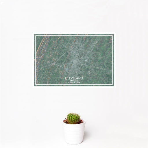12x18 Cleveland Tennessee Map Print Landscape Orientation in Afternoon Style With Small Cactus Plant in White Planter