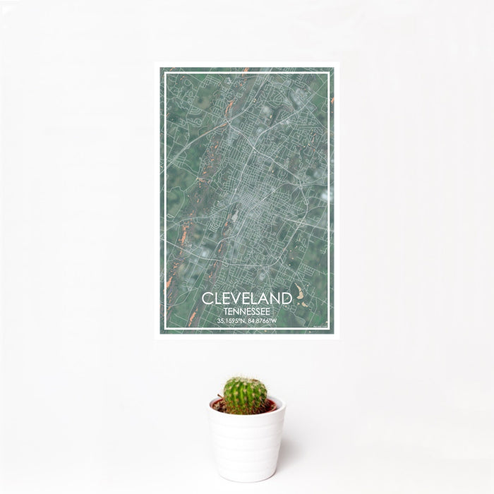12x18 Cleveland Tennessee Map Print Portrait Orientation in Afternoon Style With Small Cactus Plant in White Planter