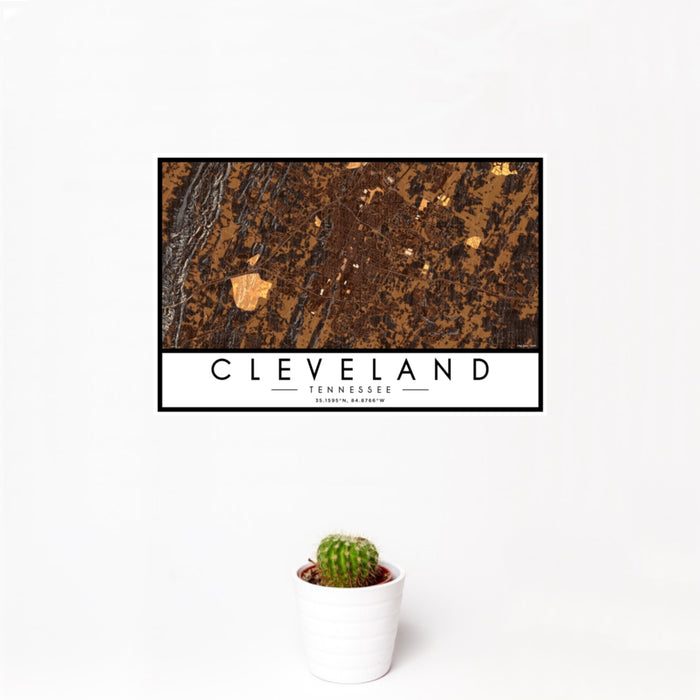 12x18 Cleveland Tennessee Map Print Landscape Orientation in Ember Style With Small Cactus Plant in White Planter