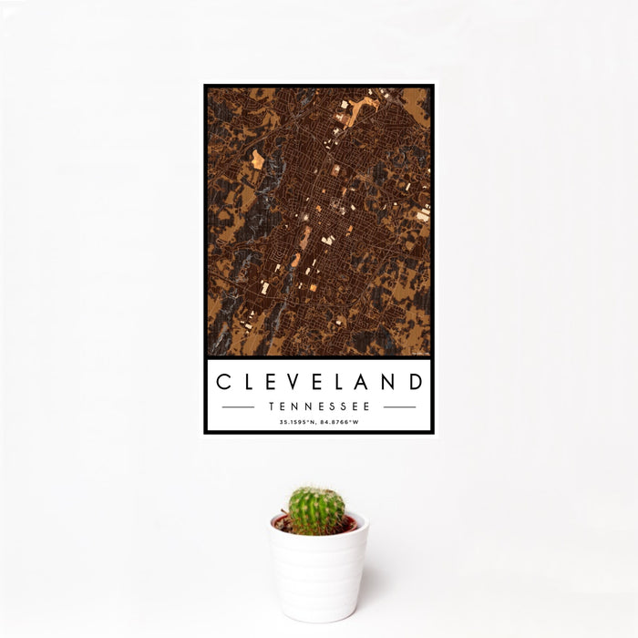 12x18 Cleveland Tennessee Map Print Portrait Orientation in Ember Style With Small Cactus Plant in White Planter