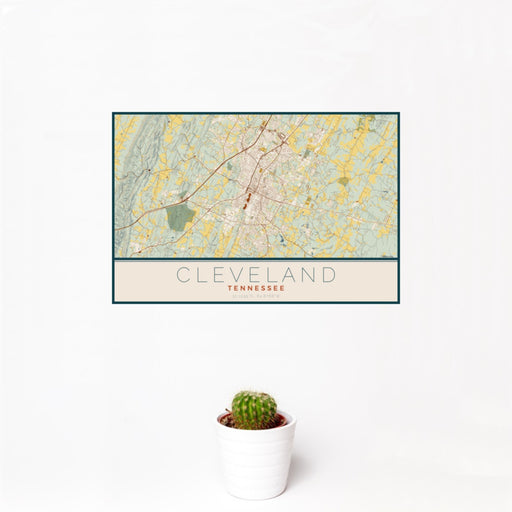 12x18 Cleveland Tennessee Map Print Landscape Orientation in Woodblock Style With Small Cactus Plant in White Planter
