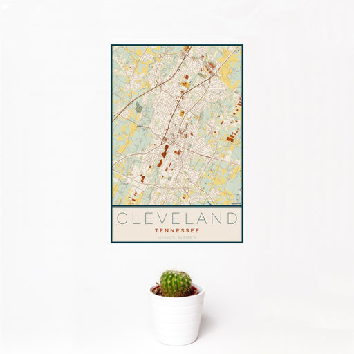 12x18 Cleveland Tennessee Map Print Portrait Orientation in Woodblock Style With Small Cactus Plant in White Planter