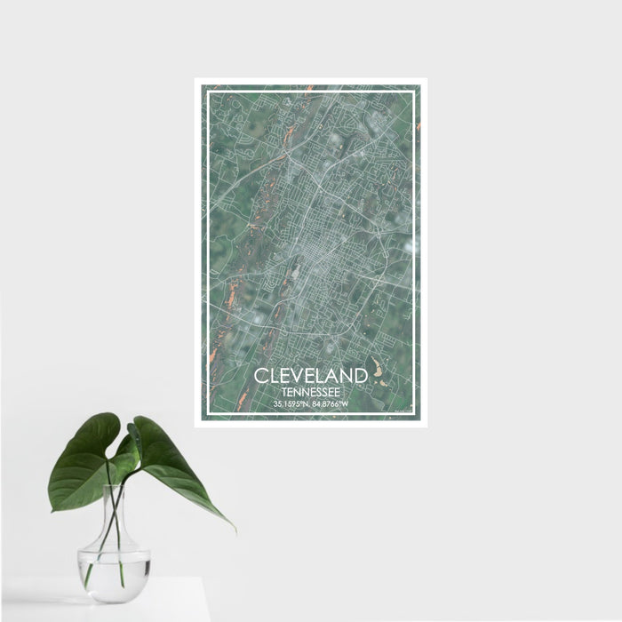 16x24 Cleveland Tennessee Map Print Portrait Orientation in Afternoon Style With Tropical Plant Leaves in Water