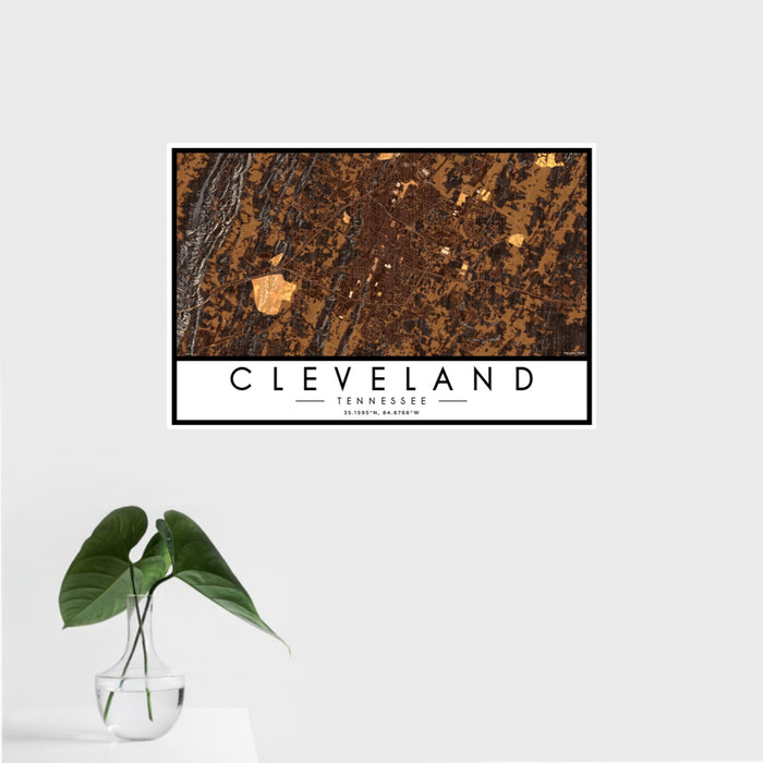16x24 Cleveland Tennessee Map Print Landscape Orientation in Ember Style With Tropical Plant Leaves in Water