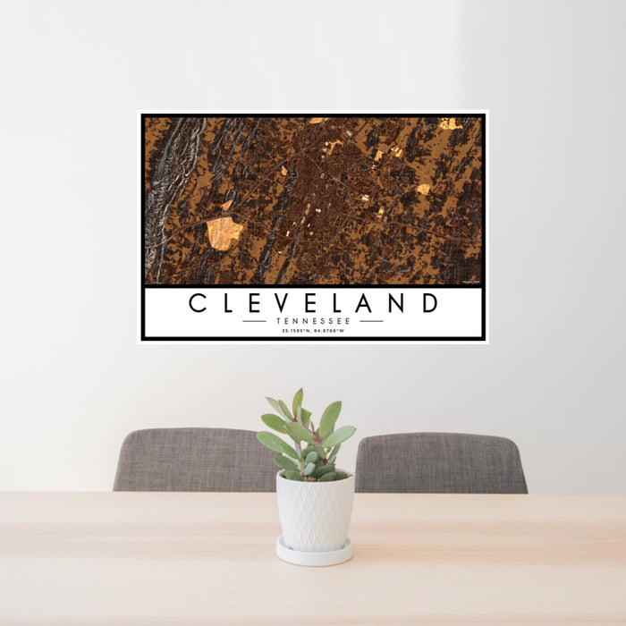 24x36 Cleveland Tennessee Map Print Lanscape Orientation in Ember Style Behind 2 Chairs Table and Potted Plant