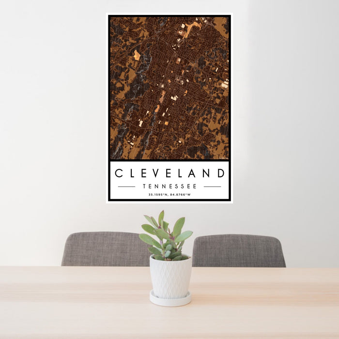 24x36 Cleveland Tennessee Map Print Portrait Orientation in Ember Style Behind 2 Chairs Table and Potted Plant