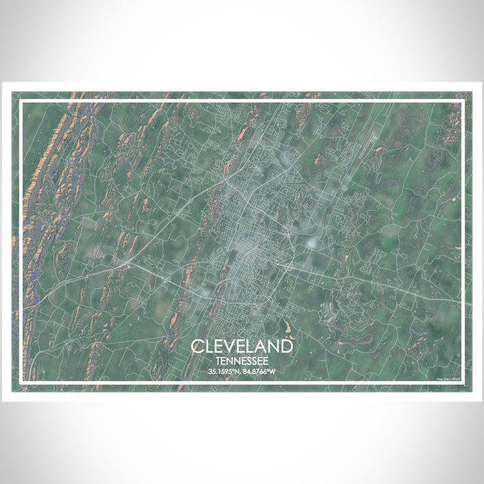 Cleveland Tennessee Map Print Landscape Orientation in Afternoon Style With Shaded Background