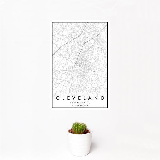 12x18 Cleveland Tennessee Map Print Portrait Orientation in Classic Style With Small Cactus Plant in White Planter