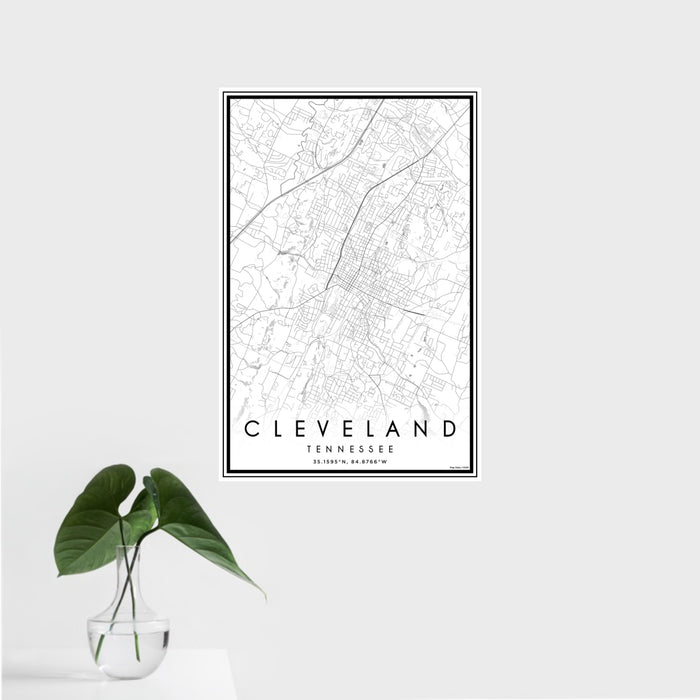 16x24 Cleveland Tennessee Map Print Portrait Orientation in Classic Style With Tropical Plant Leaves in Water