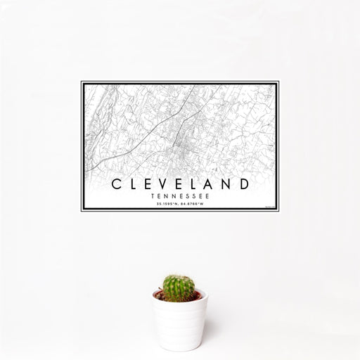 12x18 Cleveland Tennessee Map Print Landscape Orientation in Classic Style With Small Cactus Plant in White Planter