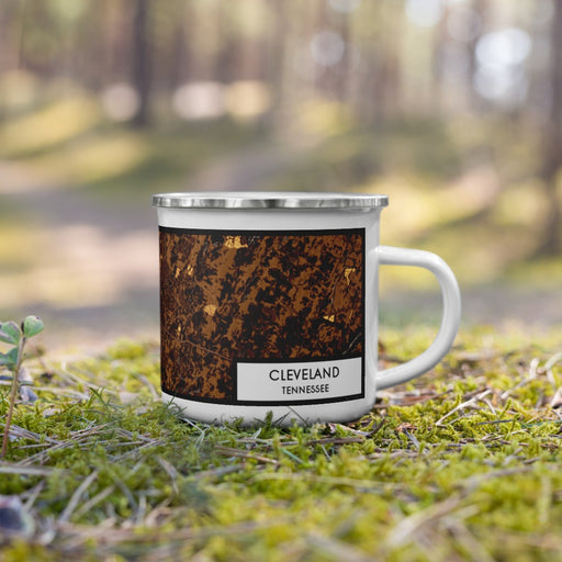 Right View Custom Cleveland Tennessee Map Enamel Mug in Ember on Grass With Trees in Background