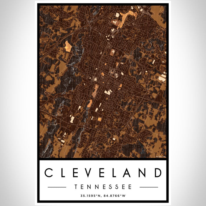 Cleveland Tennessee Map Print Portrait Orientation in Ember Style With Shaded Background