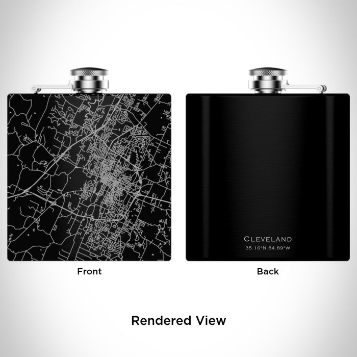 Rendered View of Cleveland Tennessee Map Engraving on 6oz Stainless Steel Flask in Black