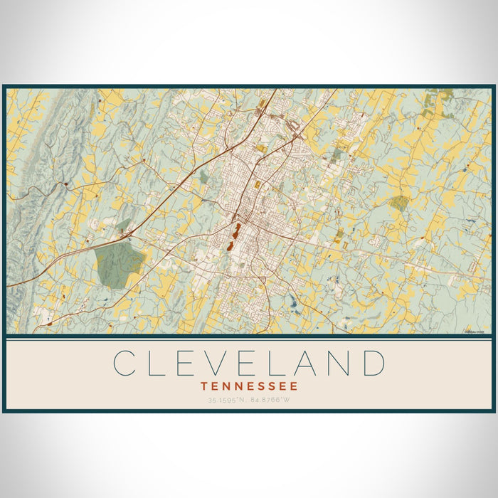 Cleveland Tennessee Map Print Landscape Orientation in Woodblock Style With Shaded Background