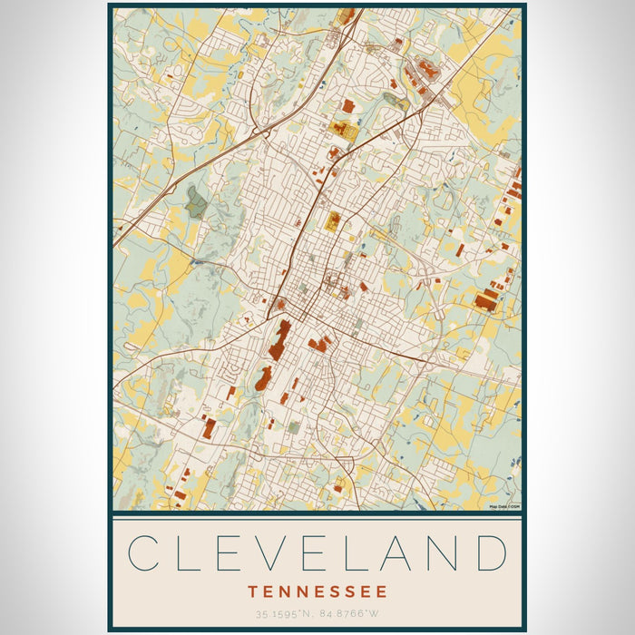 Cleveland Tennessee Map Print Portrait Orientation in Woodblock Style With Shaded Background